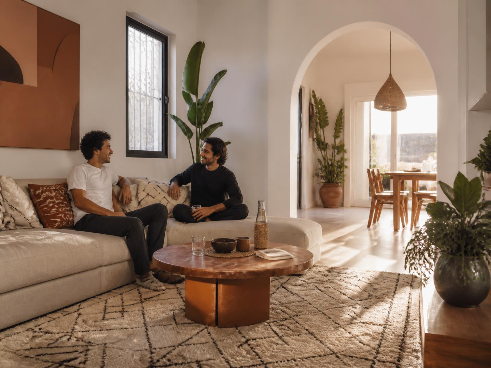 Salon lumineux d'une colocation moderne au Maroc